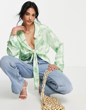 Zielona wiązana z przodu koszula kimonowe 32