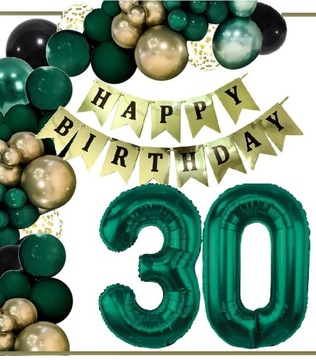 BALONY dekoracje na urodziny cyfra 30 lat zielone złote czarne