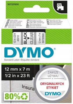 DYMO Taśma D1 45010 12mm 7m czarny/przezroczysty
