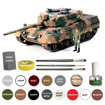 Model czołgu Tank LEOPARD A4 ZESTAW: 3 PĘDZELKI, PODKŁAD, FARBY, KLEJ+TAŚMA