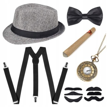ZESTAW MĘSKI RETRO LATA 20 GANGSTER 6 ELEMENTÓW, odcienie szarości, S/M
