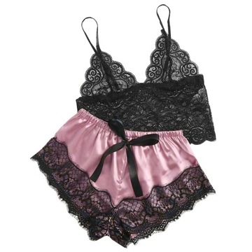 SEXY PIŻAMKA BIELIZNA TOP KORONKA SPODENKI SATYNA