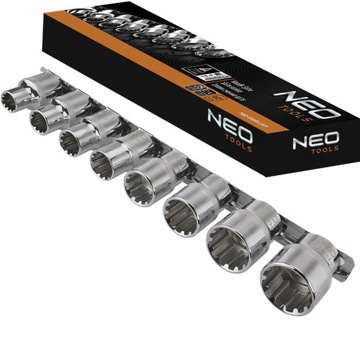 НАБОР НАСАДОК NEO Tools SPLINE 1/2, 8 ШТ. ПОЛОСОК 10–24 ММ 08-651