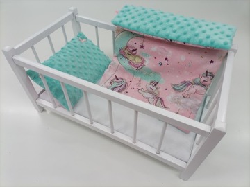 BIAŁE DREWNIANE ŁÓŻECZKO DLA LALEK + POŚCIEL 3EL