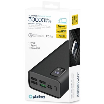 POWER BANK PLATINET 30000 мАч PD 22 Вт 4xUSB USB-C Quick Charge 3.0 PD 3.0 LED