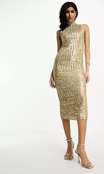 ASOS Cekinowa złota sukienka z cekinami Wieczorowa za kolano S/M Midi UK 10