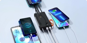 POJEMNY POWERBANK 30000mAh 66W 4x USB 1x USB-C KABEL LIGHTNING USB-C USB
