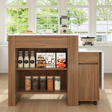 Wyspa kuchenna rozsuwana 110-214cm - krzesło z szufladami i półkami
