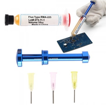 WYCISKACZ POPYCHACZ TŁOK DO STRZYKAWEK 3 IGŁY TOPNIK FLUX ZESTAW
