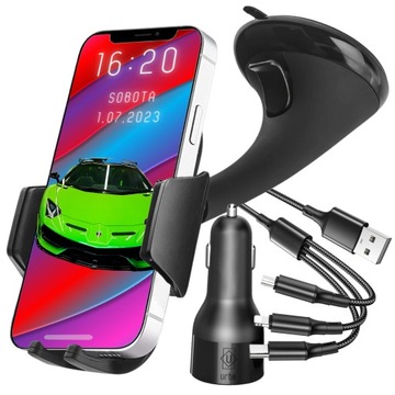 Uchwyt samochodowy z ładowarką 2 USB + kabel 3w1