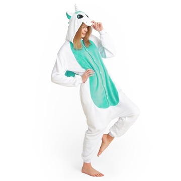 KOMBINEZON JEDNOCZĘSCIOWY PIŻAMA KIGURUMI JEDNOROŻEC MINT S + KAPCIE