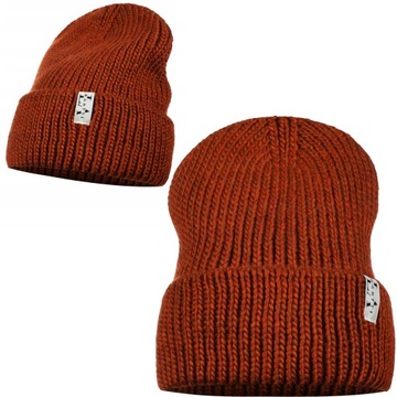 CZAPKA DAMSKA BEANIE WYWIJANA JESIEŃ ZIMA MAJKA WEŁNA 10% RUDA POMARAŃCZ