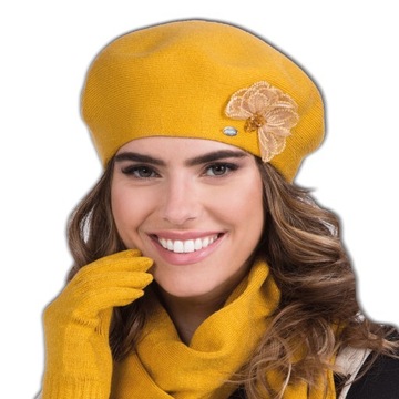 BERET DAMSKI z podszewką jesienno zimowy WISKOZA * musztardowy * ELZA Kamea