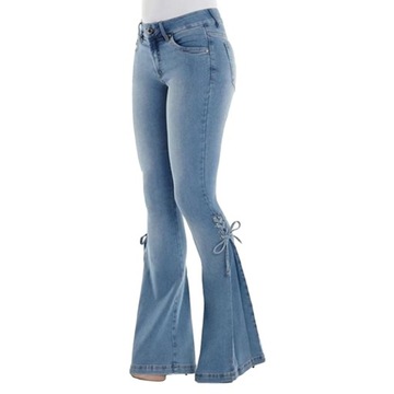 Mid zwężone Stretch jeansy rozkloszowane damskie spodnie dżinsowe szerokie