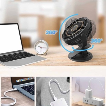 НАСТОЛЬНЫЙ ВЕНТИЛЯТОР USB 360° 2400 МАЧ С ЗАЖИМОМ ДЛЯ ЛЕТА