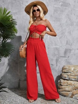 SHEIN CZERWONY KOMPLET MARSZCZONY CROP TOP TUBA SPODNIE M 34113
