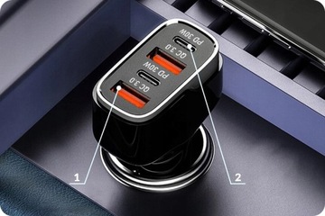 АВТОМОБИЛЬНОЕ ЗАРЯДНОЕ УСТРОЙСТВО USB QC PD 2x USB A, 2x C НЕЙЛОНОВЫЙ КОМБО-КАБЕЛЬ 60 Вт 5 В 1