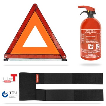 Автомобильный комплект: огнетушитель + треугольник + держатель на липучке.