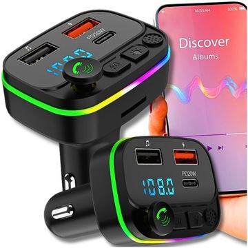 TRANSMITER FM BLUETOOTH SZYBKA ŁADOWARKA MP3 2XUSB TYP-C PD 20W KARTA SD
