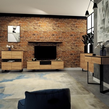 ZESTAW MEBLI LOFTOWYCH LOFT KLARA RTV KOMODA REGAŁ KONSOLA DĄB CRAFT ZŁOTY
