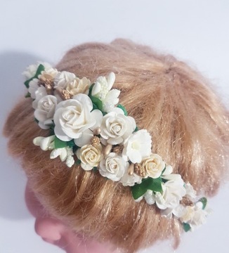 OPASKA KWIATY ECRU+ZŁOTO KOMUNIA RÓŻYCZKI