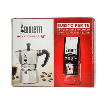 Zestaw Bialetti Moka Express 3tz + kawa Perfetto Moka Classico 250g