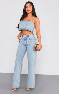 Prettylittlething NG4 jmi PROSTE SPODNIE JEANS POŁYSK ZDOBIENIE M