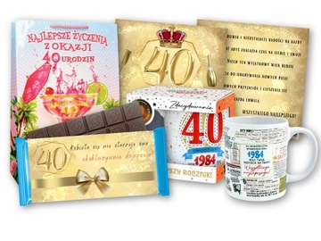 Prezent dla 40 LATKI na 40 urodziny Zestaw Kubek Czekolada Kartka ROCZNIKI