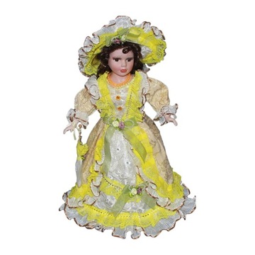 40 cm w kolekcji kolekcjonerskiej strojów, stojący piękny miniaturowy żółty