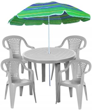 OGRODOWY SZARY ZESTAW PLASTIKOWY 4+1 KRZESŁA OKRĄGŁY STÓŁ PARASOL