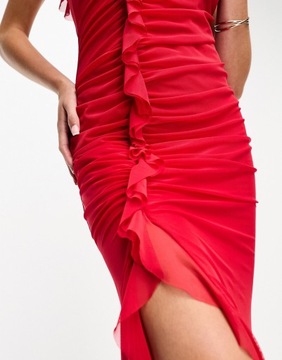 Flounce Czerwona sukienka maxi z marszczonej siateczki z falbanką M