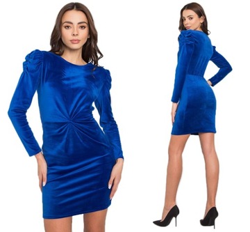 ELEGANCKA sukienka WELUR długi rękaw 34X kobalt S