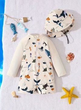 Strój kąpielowy kombinezon do pływania czapka przeciwsłoneczna 68-70-74 6-9