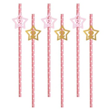 SŁOMKI w paski 2 URODZINY złoty-róż PAPIEROWE x6