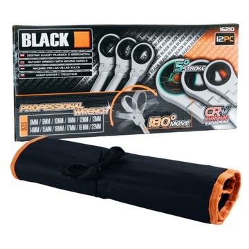 НАБОР ОТКРЫТЫХ КЛЮЧЕЙ С ТРЕЩОТКОЙ 8-22мм КОВАНЫЙ ЛИСТ CrV ЧЕРНЫЙ