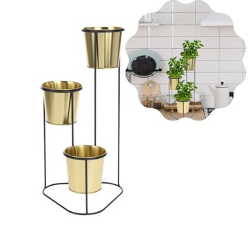 KWIETNIK 46 cm 3 poziomy 3 doniczki metal złote stojak na zioła do kuchni