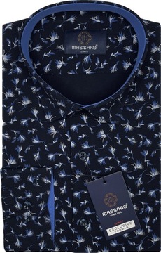 Elegancka granatowa PREMIUM koszula męska z lycrą w kwiaty SLIM-FIT