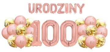Zestaw balonów na 100 Urodziny Rose Gold Napis Cyfry 100cm Dekoracje Hel