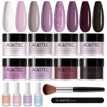 ZESTAW PUDERÓW DO MANICURE AOKITEC 8 ODCIENI FIOLETU I RÓŻU DIP POWDER