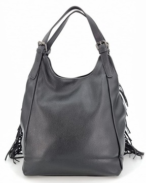 Czarny pojemny worek torebka damska z frędzlami