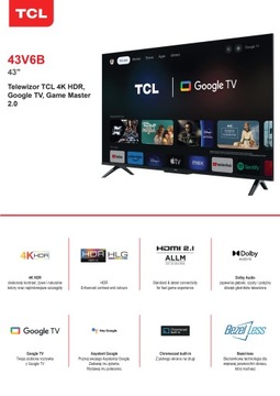 TCL 43V6B 43-дюймовый светодиодный телевизор 4K Google TV HDMI 2.1 DVB-T2