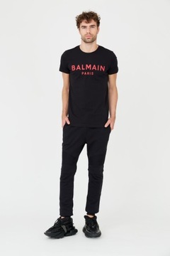 BALMAIN T-shirt czarny z czerwonym logo XXL