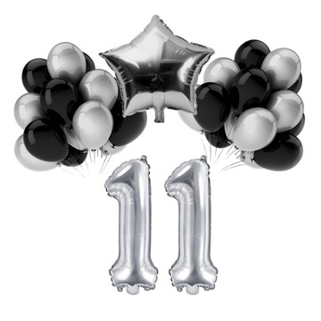 ZESTAW BALONY 11 URODZINY SREBRNY CZARNY SREBRNE 11 ROCZNICA ŚLUBU