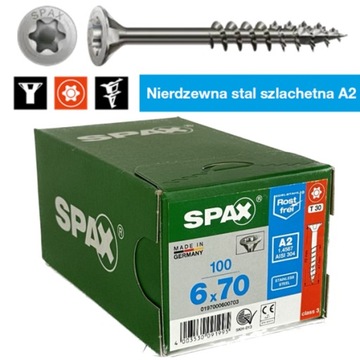 Wkręt Spax INOX nierdzewny A2 6,0x70 gwint niepełny op=100