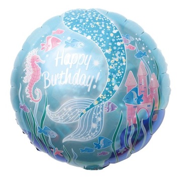 Balon foliowy okrągły Urodziny, Party, Impreza, Syrenka Morski Świat 45 cm