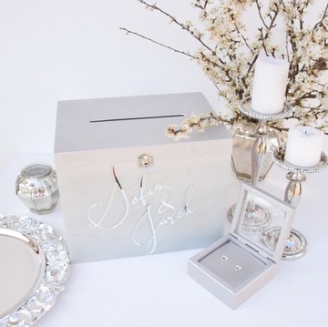 БОЛЬШАЯ СЕРЕБРЯНАЯ КОРОБКА ДЛЯ КОНВЕРТОВ + гламурные ОБРУЧАЛЬНЫЕ КОЛЬЦА