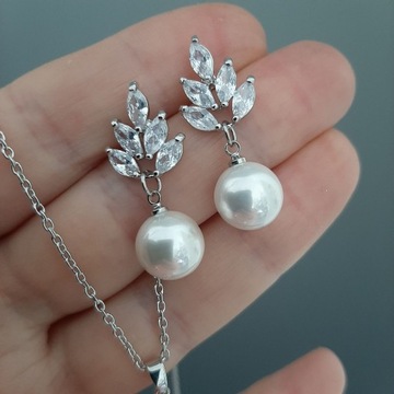 НАБОР ОЖЕРЕЛЬЕ, СЕРЬГИ, ЛИСТЬЯ, ЖЕМЧУГ, СЕРЕБРЯНАЯ СВАДЬБА