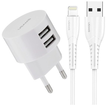 Ładowarka zasilacz sieć kątowy USAMS T20 2xUSB 2.1A FAST kabel lightning 1m
