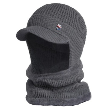 Men Winter 2 Pcs Set Visor Brim Earflap Beanie Hat with Circle Scarf Knitte