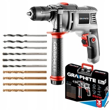 ГРАФИТОВАЯ УДАРНАЯ СВЕРЛА 550 Вт, РУКОЯТКА 13 мм + 10 СВЕРЛ, КОРОБКА 58G735
